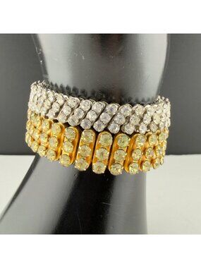 Vintage Rhinestone Expansion Bracelets Set of 2 Stretch Silver/Gold Tone 3 Row